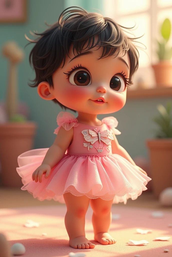 Create one year old baby image, De pele clara, dark shaped eyes, fly away, short dark hair. Wearing a pink princess dress with butterfly details. Full-body image. Pixar-style. standing. chubby