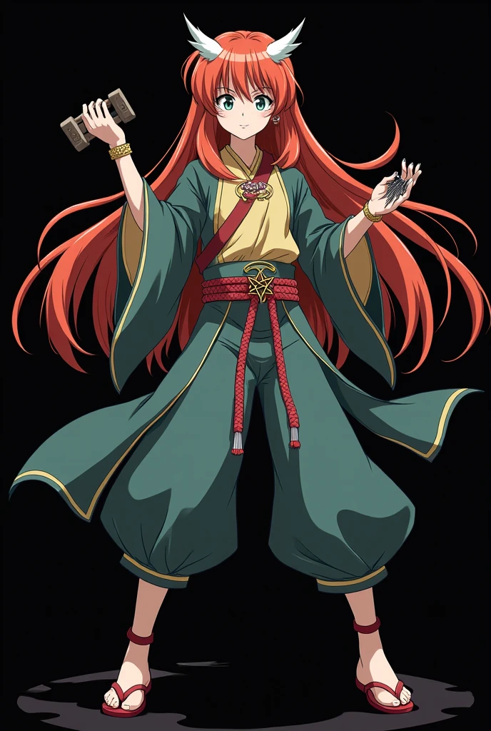 A full-body image of an  girl named Mai Yamamoto, personagem do anime "Demon Slayer", with long, straight, fire-colored hair with two white streaks highlighted in the front, framing your face. She has blue-green eyes and pale skin.. she is a Wiccan, she is in fighting pose. She wears a pentagram necklace and Japanese clothes, she holds a nail hammer and small nails. It is drawn with Akira Toryama&#39;s animation. black backdrop.