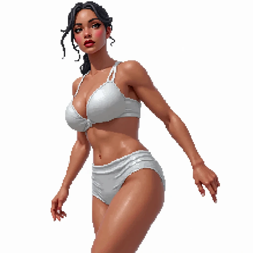 (masterpiece, best quality)), ((((perfect anatomy)))), Curvy Brazilian woman with tied back black dreadlocks, dark eye-shadow, dark red lipstick, dark brown eyes, white bra , (((white high cut cotton panties))), smiling, big hips, walking around in a locker-room, ((pixel art, pixel))