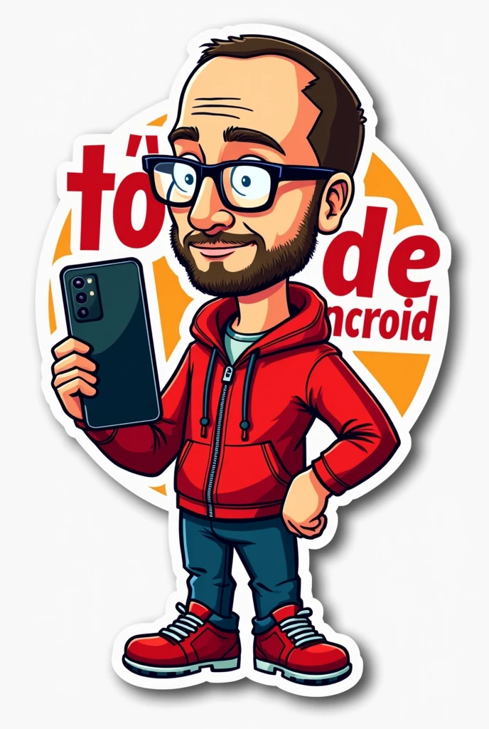 ### **Sticker "Tô de Android" with Andy Rubin**
- **Image:** Andy Rubin in cartoon style, with his body and clothes in red and black outlines. He will be holding an Android device and will have a confident expression.
- **Text:** "Tô de Android" with stylized letters using the Aldery Pro font, with the letters in red and black outlines, to match the style of the character.
S