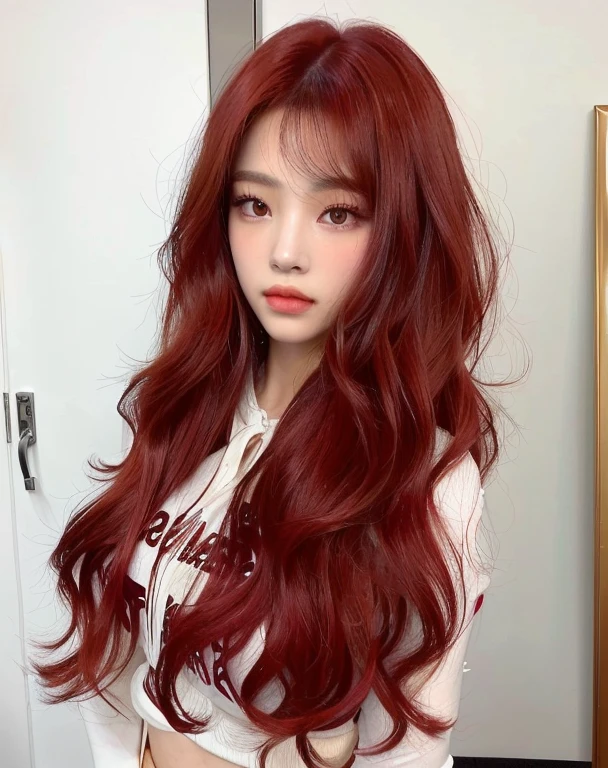 a close up of a woman con el pelo largo y rojo wearing a white shirt, peluca roja, pelo largo y ondulado rojo, con pelo rojo rizado, con el pelo largo y rojo, pelo rojo vibrante ondulado, pelo largo rojo, pelo rojo largo y ondulado, pelo largo y rizado rojo, brown pelo largo rojo, color rojo, pelo rojo carmesí, pelo teñido de rojo, with pelo rojo largo y ondulado, Físico : el abdomen más pequeño jamás visto, jisoo from blackpink, popular south korean makeup, quality detailed ,(beautiful makeup :1.2), Wide hips, big, big ass, (best quality, 8K, masterpiece: 1.3), Clear focus: 1.2, Perfect body beauty: 1.4, strong abs, Very detailed face and skin texture. , detailed eyes, double eyelids, (long hair), having very marked curves, with greater volume in ((hips and breasts)), which makes the waist look much smaller ((wasp waist))     