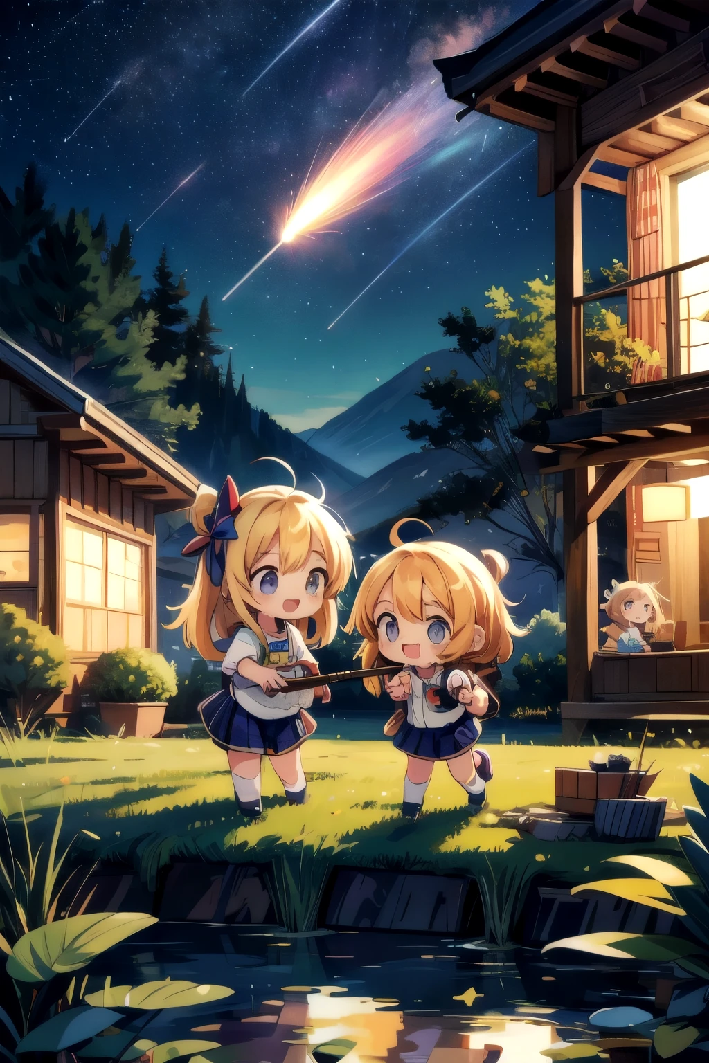 some cute chibi girls playing with a rocket launching shooting stars, digital art, cozy calm atmosphere, vibrant colors, highly detailed, 4k, best quality, photorealistic, masterpiece