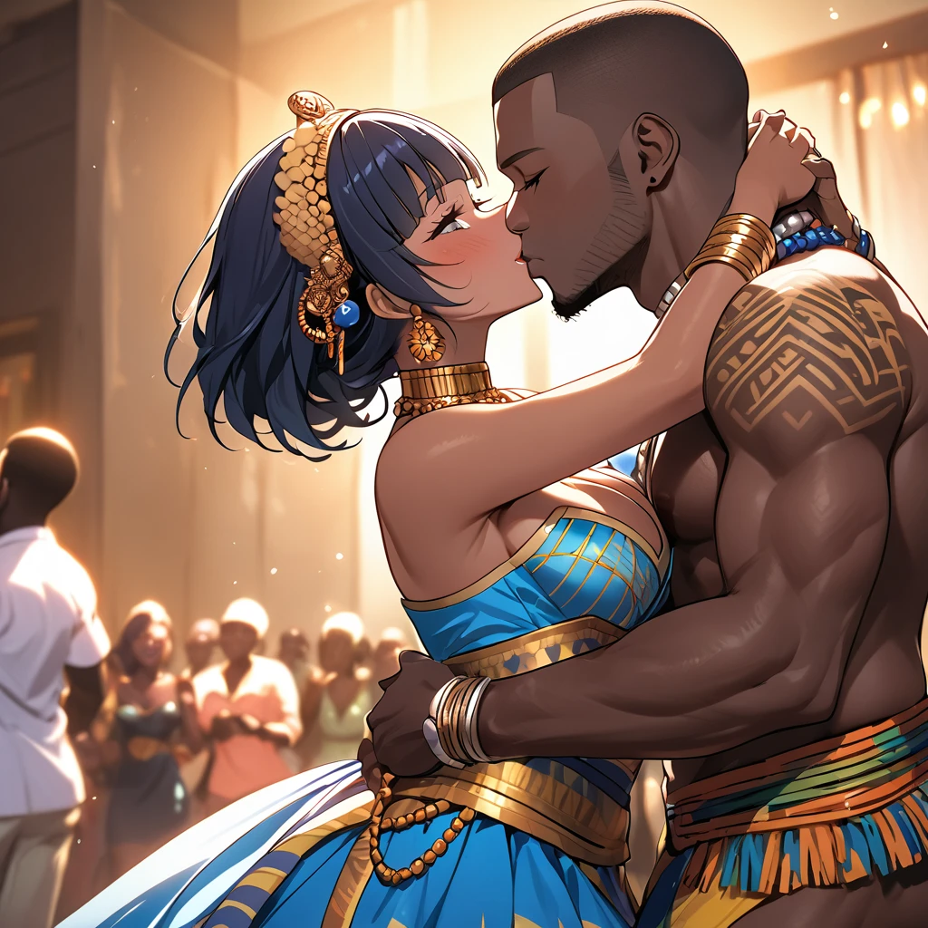 ((Highest quality)), ((masterpiece)), (detailed), (Perfect Face)、The woman is Reika Aoki, a Congolese woman with dark skin and medium-long hair.、The woman is wearing a Congolese costume and dancing the Congolese dance while kissing the man, who proposes to her and she accepts the proposal.