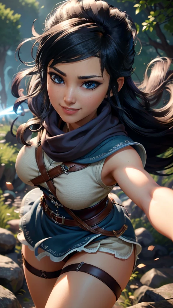 Kena da bridge of spirits,(best qualityer,4K,8k,high resolution, work of art:1.2)(weather: windy), cowboy shot, spirit forest background, long curly hair, micro shorts, stockings, garter belt, magic wand, headband, gloves, harness corset, ultra detailed, realistic, beautiful detailed blue eyes, beautiful detailed lips, extremely detailed eye and face, long eyelashes, large breasts, flying hair, beaming smile, powerful girl in a combat, combat stance, bright coloured, dramatic lighting, composition,