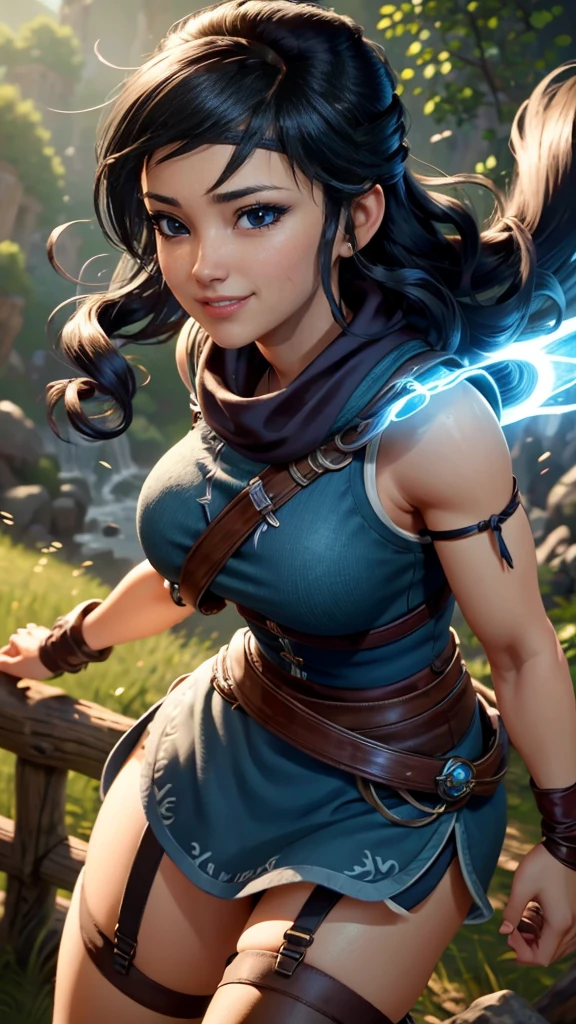 Kena da bridge of spirits,(best qualityer,4K,8k,high resolution, work of art:1.2)(weather: windy), cowboy shot, spirit forest background, long curly hair, micro shorts, stockings, garter belt, magic wand, headband, gloves, harness corset, ultra detailed, realistic, beautiful detailed blue eyes, beautiful detailed lips, extremely detailed eye and face, long eyelashes, large breasts, flying hair, beaming smile, powerful girl in a combat, combat stance, bright coloured, dramatic lighting, composition,