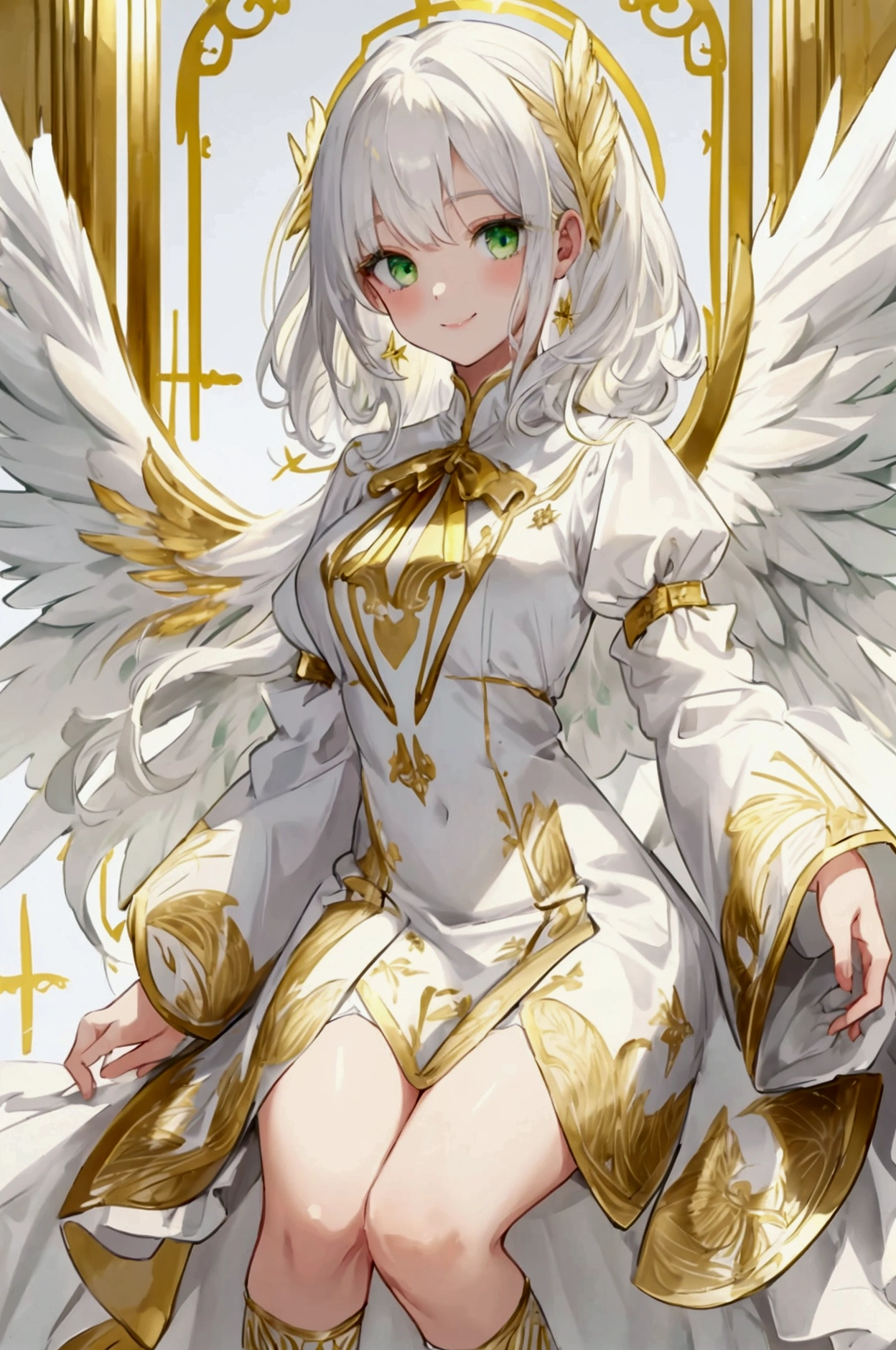 angel, white hair, green eyes 2 pairs of wings, white dress with gold details, medium hair with golden ribbons, captivating smile, long white socks with gold details and a boot following the same pattern