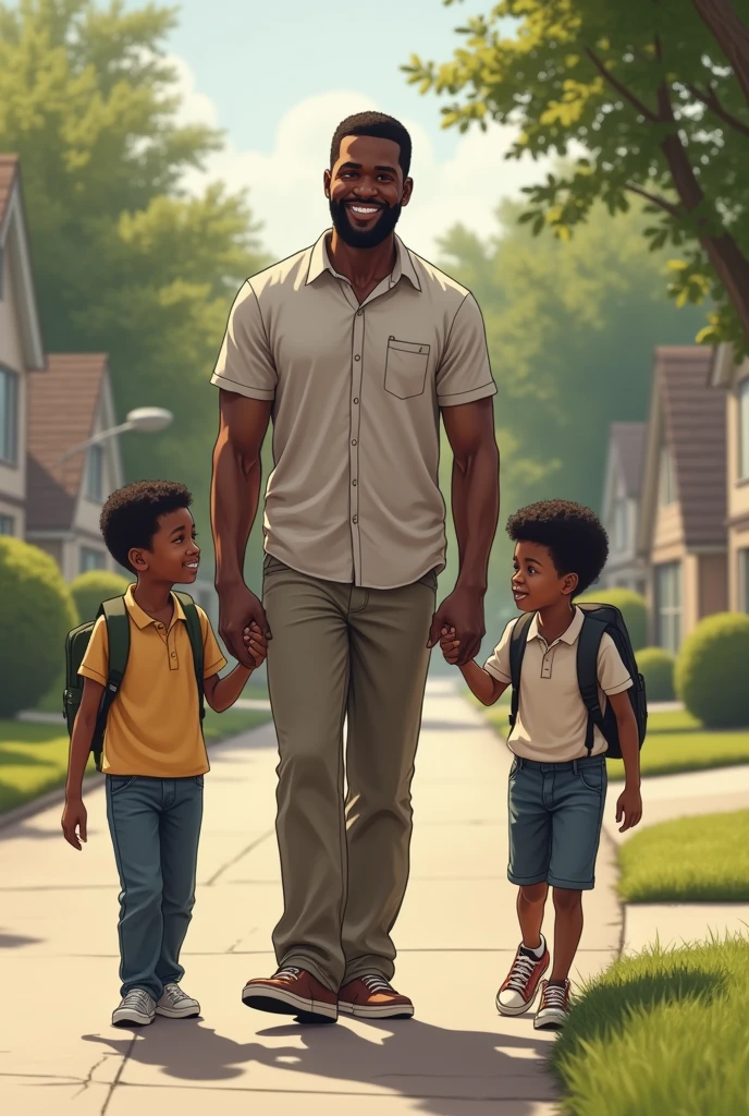 A black man holding two boys by hand on the side of the road in a surbub setting