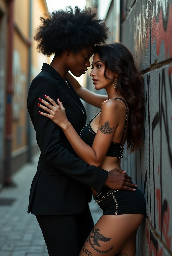 Two russian old milf women: the dominant aggressive dark skinned black woman in business pinstripe suit (jacket and trousers) with white silk shirt, long nails and afro hair, standing up with separated legs and possessive stance (arm around her girlfriends' shoulders squishing her tightly, touching the neck of the white woman with her other hand, like a predator on her prey). Next to her, her white rich drunk girlfriend looks at the camera (white woman is very pale: pale face, pale neck, pale chest, pale arms, pale hands, pale stomach, pale leg), white woman stretches her neck and looks at the camera feeling overwhelmed by her girlfriend. white woman is shy and submissive, feeling dizzy and needy white woman is being seduced. White woman stands up on her tiptoes pinned on a graffitied wall, White woman"s body is slipping down the wall. White woman dresses in rock chic style: Black studded short miniskirt, platinum blonde hair (pouf, bun, colourful bandana as headband) and oversized square sunglasses as headband. White woman wears no no makeup. Black studded lace push up bra, big breasts. Barefoot.. Lots of thick wide studded bracelets in the wrists of the white woman, big pearl necklaces around the necks of the white woman, and big rings, Pearl earrings. Loose chains and studded belts around the hips of the white woman. White woman is lazy, leaning on her girlfriend.. The white woman is densely tattooed on neck, tattoed chest, tattoed arms, tattoed stomach, tattoed legs, wrists and feet. White woman has well Toned abdominals, thin neck, slim legs and thin arms. Narrow hips. The body of the white woman is twisted in a lazy posture. Full body. On a narrow street with graffitied walls