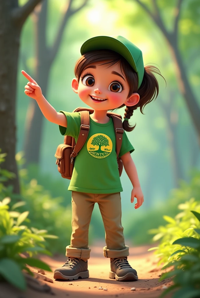 


Create Disney Pixar Cartoon image of a girl with a ponytail and a cap, wearing a green t-shirt with a logo of a tree of life Greentour Expeditions, hiking pants and shoes, with a backpack on his back, pointing to a place.

