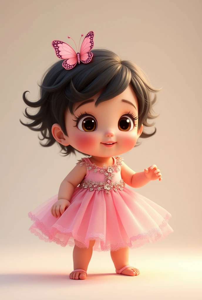 Create one year old baby image, De pele clara, dark shaped eyes, fly away, short dark hair. Wearing a pink princess dress with butterfly details. Full-body image. Pixar-style. standing. chubby. With butterfly ornament on the head 