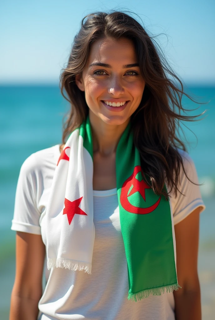 Close up, woman, fat, wearing a summer t-shirt, and on her shoulder the Algerian flag scarf, the Algerian flag is detailed in all its colors and very fine, and she looks directly into the camera, she is standing on the blue sea shore 
