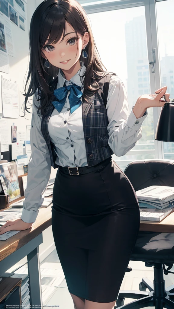 (Best Quality, Masterpiece),Wearing a pink plaid vest, White short sleeved shirt, Gray pencil skirt, Wear stiletto heels, Necklace, earrings, Cute face, Smile, Blushing, Shyness, Glass wall, Ultra Detail, Realistic, Front view, Whole body, stunning, cute, warm smile, hourglass figure, apron, text, chart, advertising, magazine title(Best Quality, Masterpiece), Mag((((1ladyl,)))) (masterpiece), (realistic), (best quality), (ultra-detailed), (wearing in [[white and gray check pattern]] Vest worn over white collared long-sleeved shirt:1.4), (gray vest with buttons:1.2), (Pink Theme:1.2), (blue ribbon ribbon:1.3), (Black theme:1.4), (Tight black pencil skirt:1.5), ((Brown pantyhose)), (high-heels:1.1),longskirt,office desk, office chair,Lulubre Unity 8K Wallpaper, pantyshot, long brown hair, office lady Magazine Cover, 1girl,  amazing, girl, 30 years old, house wiife, warm smile, hourglass figure, text, chart, advertising, magazine title