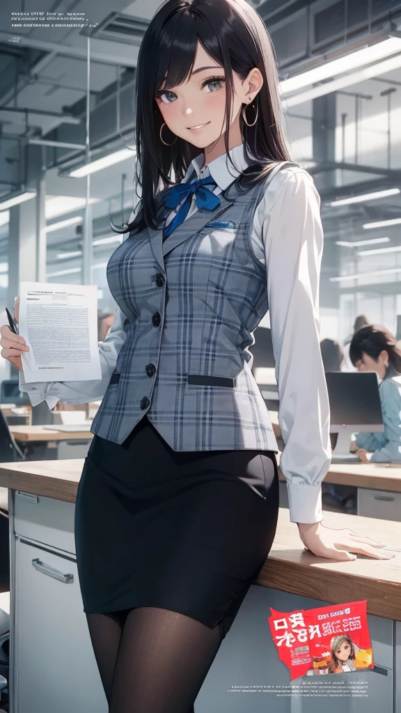 (Best Quality, Masterpiece),Wearing a pink plaid vest, White short sleeved shirt, Gray pencil skirt, Wear stiletto heels, Necklace, earrings, Cute face, Smile, Blushing, Shyness, Glass wall, Ultra Detail, Realistic, Front view, Whole body, stunning, cute, warm smile, hourglass figure, apron, text, chart, advertising, magazine title(Best Quality, Masterpiece), Mag((((1ladyl,)))) (masterpiece), (realistic), (best quality), (ultra-detailed), (wearing in [[white and gray check pattern]] Vest worn over white collared long-sleeved shirt:1.4), (gray vest with buttons:1.2), (Pink Theme:1.2), (blue ribbon ribbon:1.3), (Black theme:1.4), (Tight black pencil skirt:1.5), ((Brown pantyhose)), (high-heels:1.1),longskirt,office desk, office chair,Lulubre Unity 8K Wallpaper, pantyshot, long brown hair, office lady Magazine Cover, 1girl,  amazing, girl, 30 years old, house wiife, warm smile, hourglass figure, text, chart, advertising, magazine title