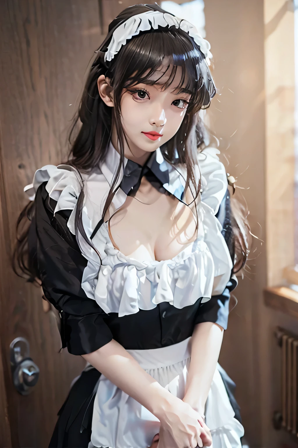 realistic, 1girls, Komi Shouko, best quality, 12k, HD, long hair, big round breasts, cleavage,  necklace, maid clothes, shorts, slim hips, black eyes, black hair, super detailed, Eye details , hair details, person details, mouth details, face details, breast details, clothes details, hair details, pants details, hand details, whole body