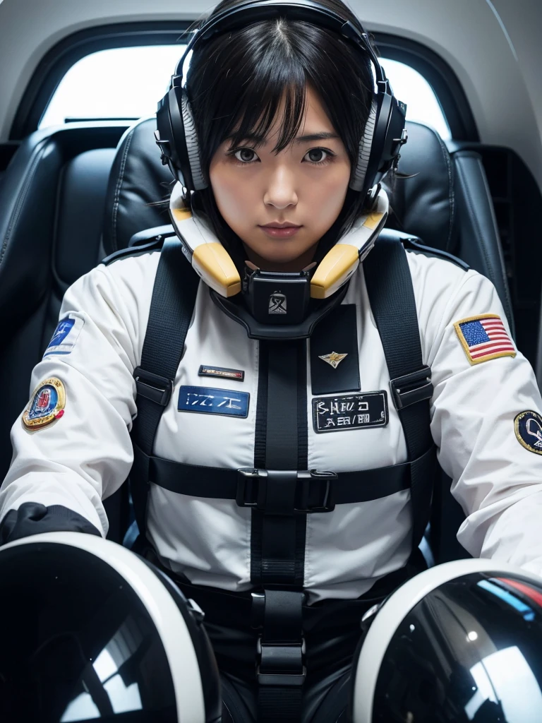 Japanese female air force pilots,Black Hair,Fighting in a fighter jet,He is completely secured to his cockpit seat by a thick harness.,Plump,Slightly thicker,Squat,Helmet,Heavy breathing