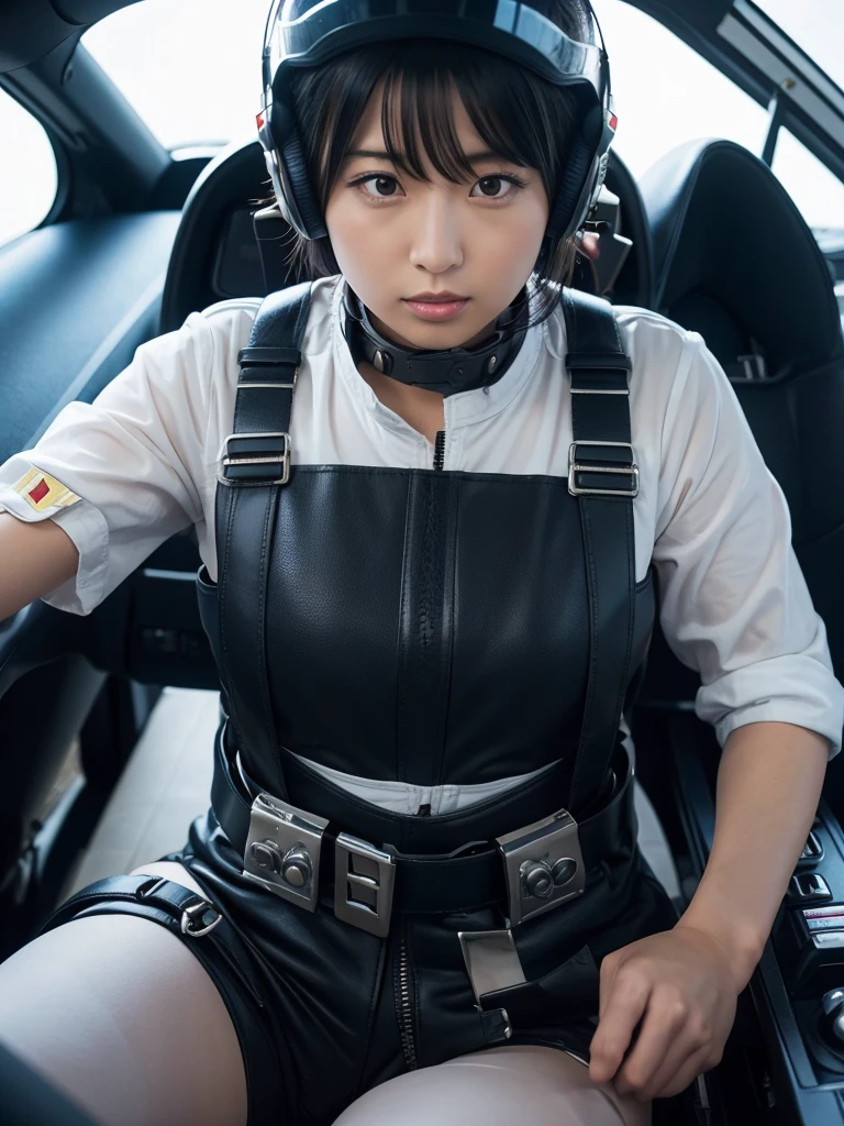 Japanese female air force pilots,Black Hair,Fighting in a fighter jet,He is completely secured to his cockpit seat by a thick harness.,Plump,Slightly thicker,Squat,Helmet,Heavy breathing
