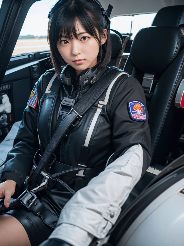 Japanese female air force pilots,Black Hair,Fighting in a fighter jet,He is completely secured to his cockpit seat by a thick harness.,Plump,Slightly thicker,Squat,Helmet,Heavy breathing