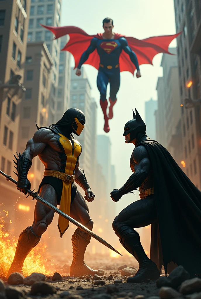 Scorpion mortal kombat fights with superman and batman