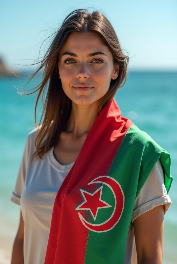 Close up, woman, fat, wearing a summer t-shirt, and on her shoulder the Algerian flag scarf, the Algerian flag is detailed in all its colors and very fine, and she looks directly into the camera, she is standing on the blue sea shore 
