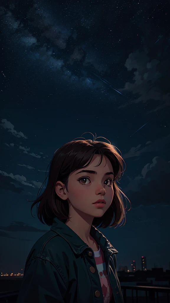artwork, best quality, realism, girl looking the sky, nighttime atmosphere, lofi, 90s, night