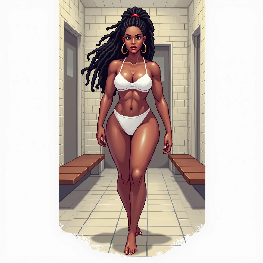 (masterpiece, best quality)), ((((perfect anatomy)))), Curvy Brazilian woman with tied back black dreadlocks, dark eye-shadow, dark red lipstick, dark brown eyes, white bra , (((white high cut cotton panties))), smiling, big hips, walking around in a locker-room, ((pixel art, pixel))