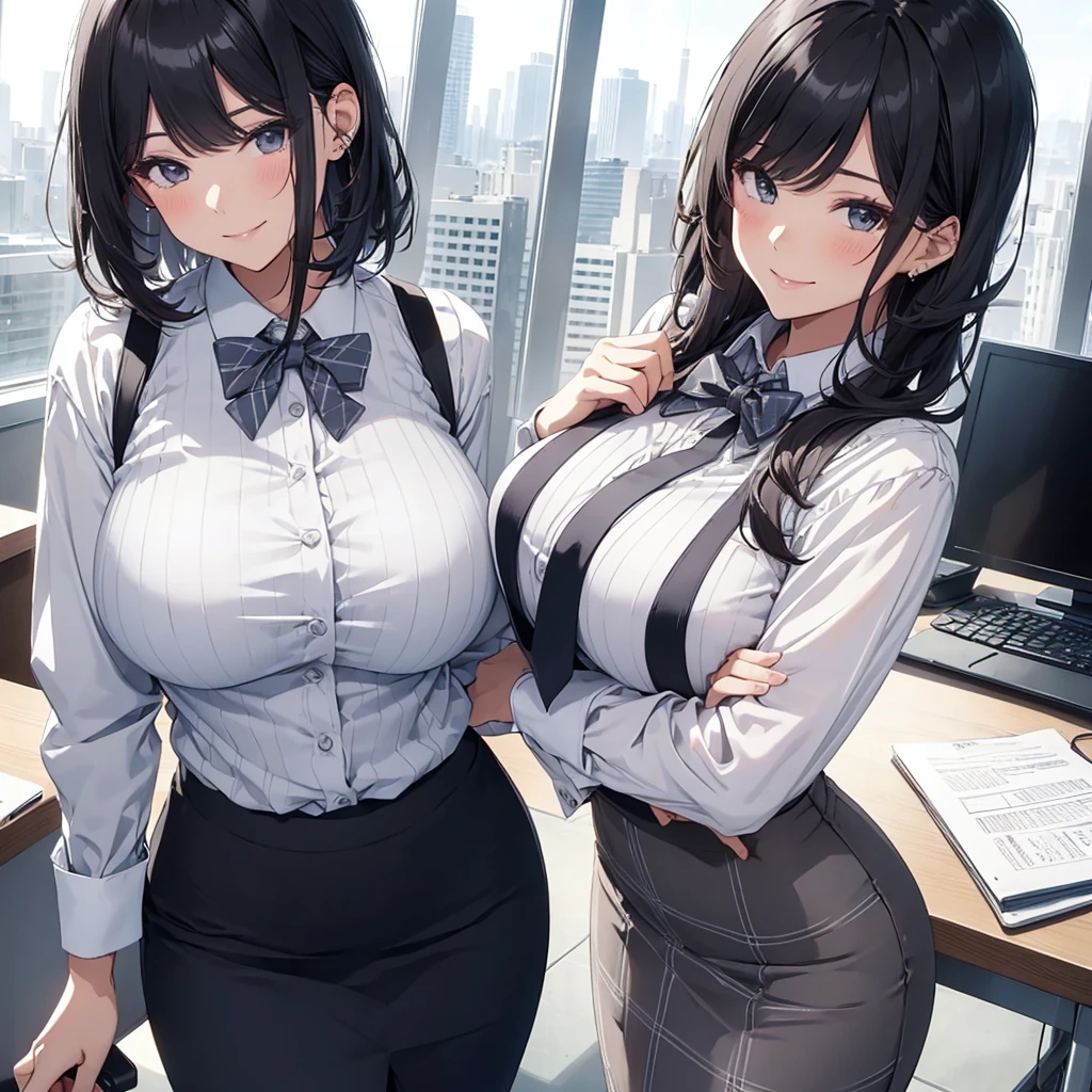1lady standing, office worker, receptionist, (vest with white and gray checks:1.2) (navy pencil skirt) bowtie, mature female, /(black hair/) bangs, blush kind smile, (masterpiece best quality:1.2) delicate illustration ultra-detailed, large breasts BREAK (modern office indoors), window cityscape, detailed background