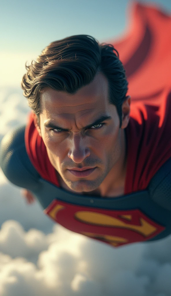 Superman flying forward, showing the face flying in the clouds, image ultra realistic, High definition, 8k