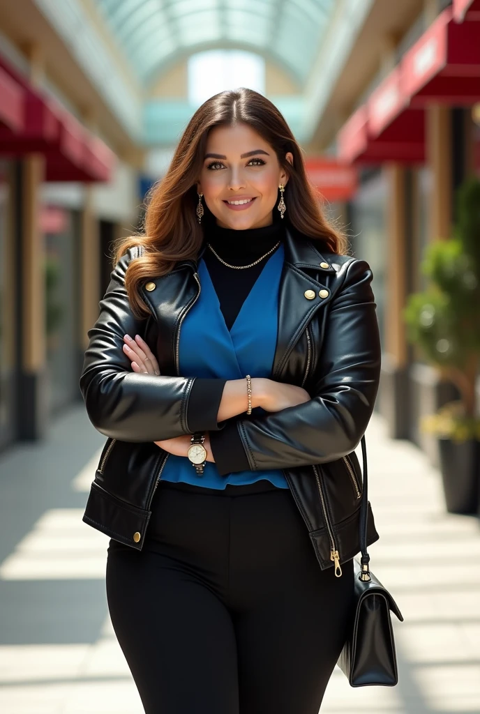 Full body beautiful white curvy pear body shape british woman, 5'7" tall, wide hips, big boobs, medium brown hair, deep green eyes, wearing zip up black collared bomber leather jacket with golden buttons, black bell bottom pants, rolled up sleeves, zipping up jacket, up collar, cleavage, open blue formal blouse, black turttleneck collar shirt under blouse, happy smile, walking on shopping center, high hill sandals, summer sunny day, bag, braces, watch and bracelet, neck chain, ear rings, crossing arms, hand under chin