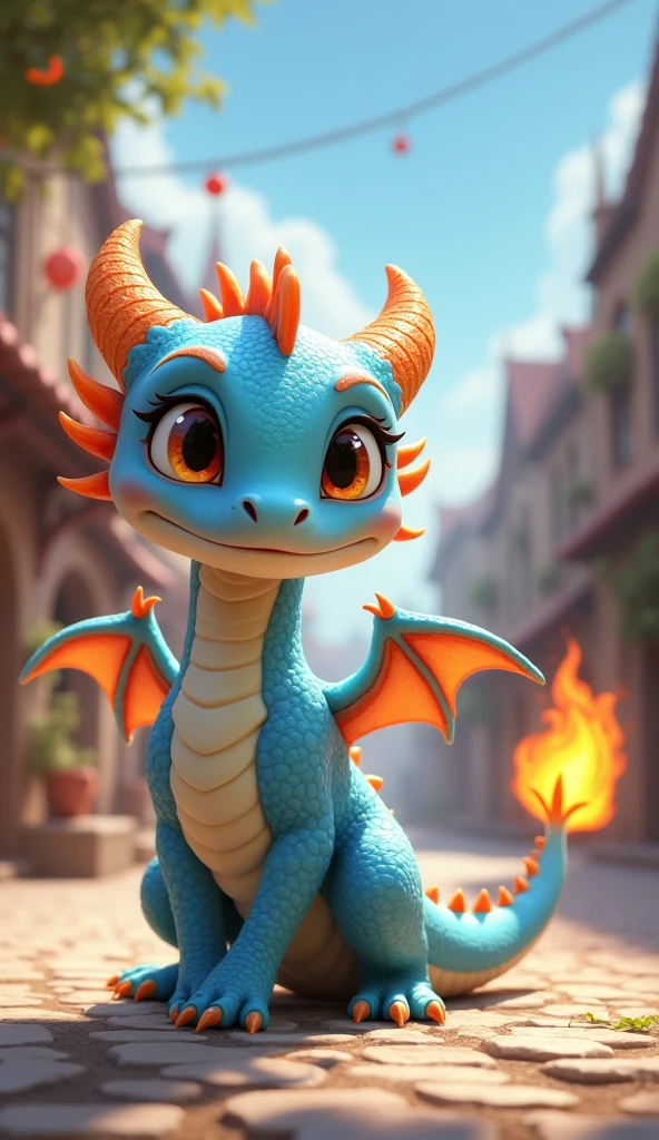 a light blue young dragon stands in the village square, releasing a gentle plume of glowing orange and red fire. Her scales shimmer .