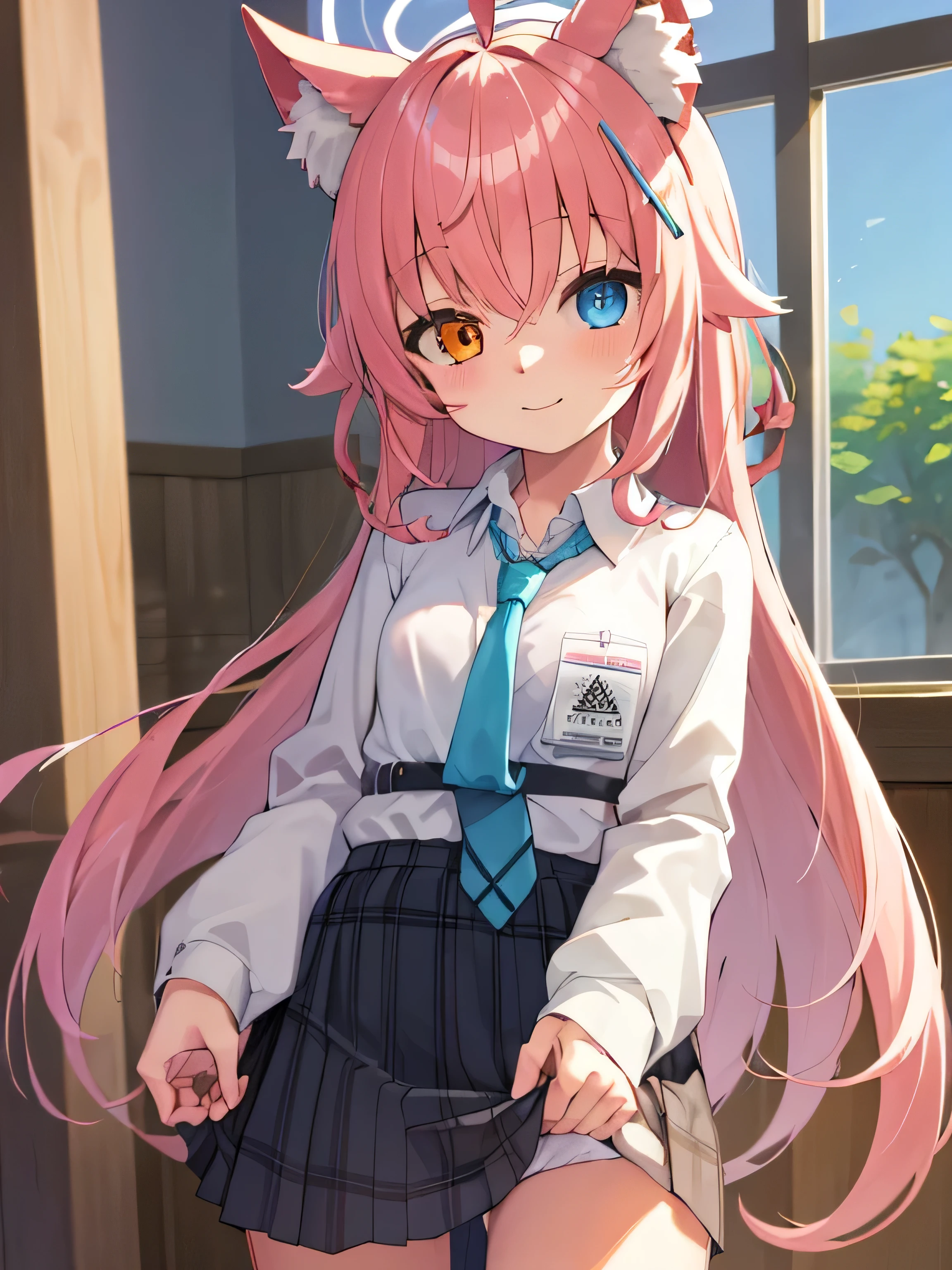 masterpiece, Highest quality, Very detailed, indoor, school masterpiece, Highest quality, Very detailed,  Hello,Takanashi Hoshino,Very long hair,Orange eyes,blue eyes,Heterochromia iridis,Pink Hair,Norban,(Small breasts:1.1),smile, Sand Wolf Shiroko, Animal ears