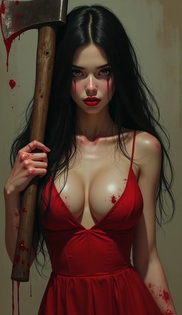 ((best qualityer: 0,8)), ((Masterpiece artwork)), (detailded), 1 girl, beautiful face, long hair down to the butt black and straight without bangs, red and sexy dress, red heel, passionate lips, medium breasts, slightly fat, beautiful black eyes, pale skin, appearance of 18 years, beautiful smiling. ax in hand, (glare eyes: 1,4), (bloody face and hands) scary folders.
