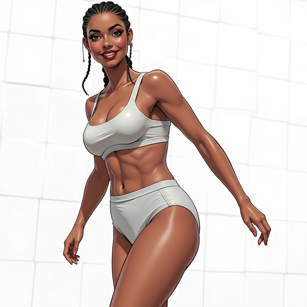 (masterpiece, best quality)), ((((perfect anatomy)))), Curvy Brazilian woman with tied back black dreadlocks, dark eye-shadow, dark red lipstick, dark brown eyes, white bra , (((white high cut cotton panties))), smiling, big hips, walking around in a locker-room, (((Western cartoon style)))