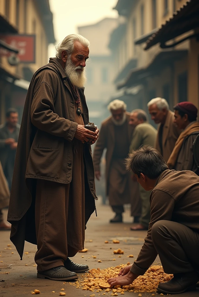 a middle aged man, 1.6 meters tall, old, short white hair, white beard, throwing bread crumbs on the ground, poor people picking up the bread crumbs on the ground, highly detailed, realistic, 8k, photorealistic, masterpiece, dramatic lighting, cinematic composition, warm color tones, environmental portrait