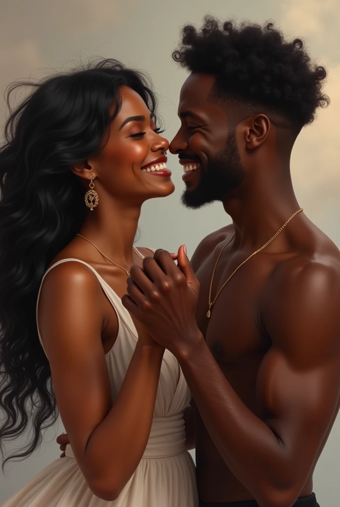 A black woman. Honey brown skin. Long black hair. Beautiful. Smiling. Holding hands with a handsome brown skin black man. Ultra high quality.