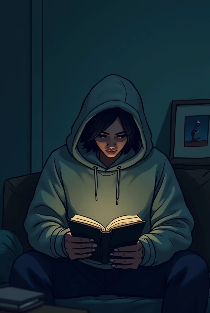 Something related to solitary reading. A cartoon art of an ADULT wearing a sweatshirt covering his head reading the book hiding his face . There is little light in the sad environment