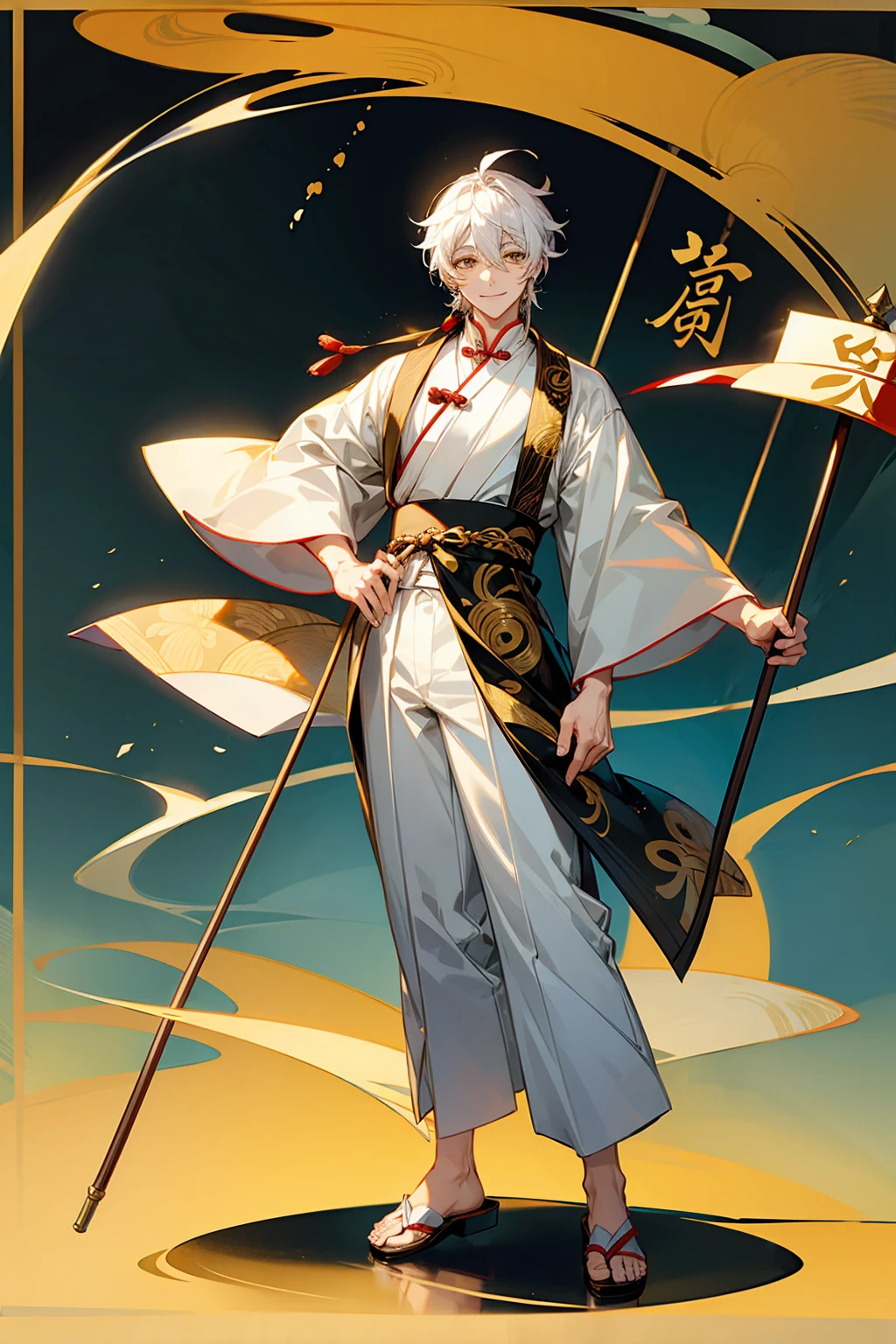 1male, Adult, Golden Colored Eyes, White Hair, Sandals, Smile, Chinese Outfit, Standing On Pond, Staff, Chinese Calligraphy 