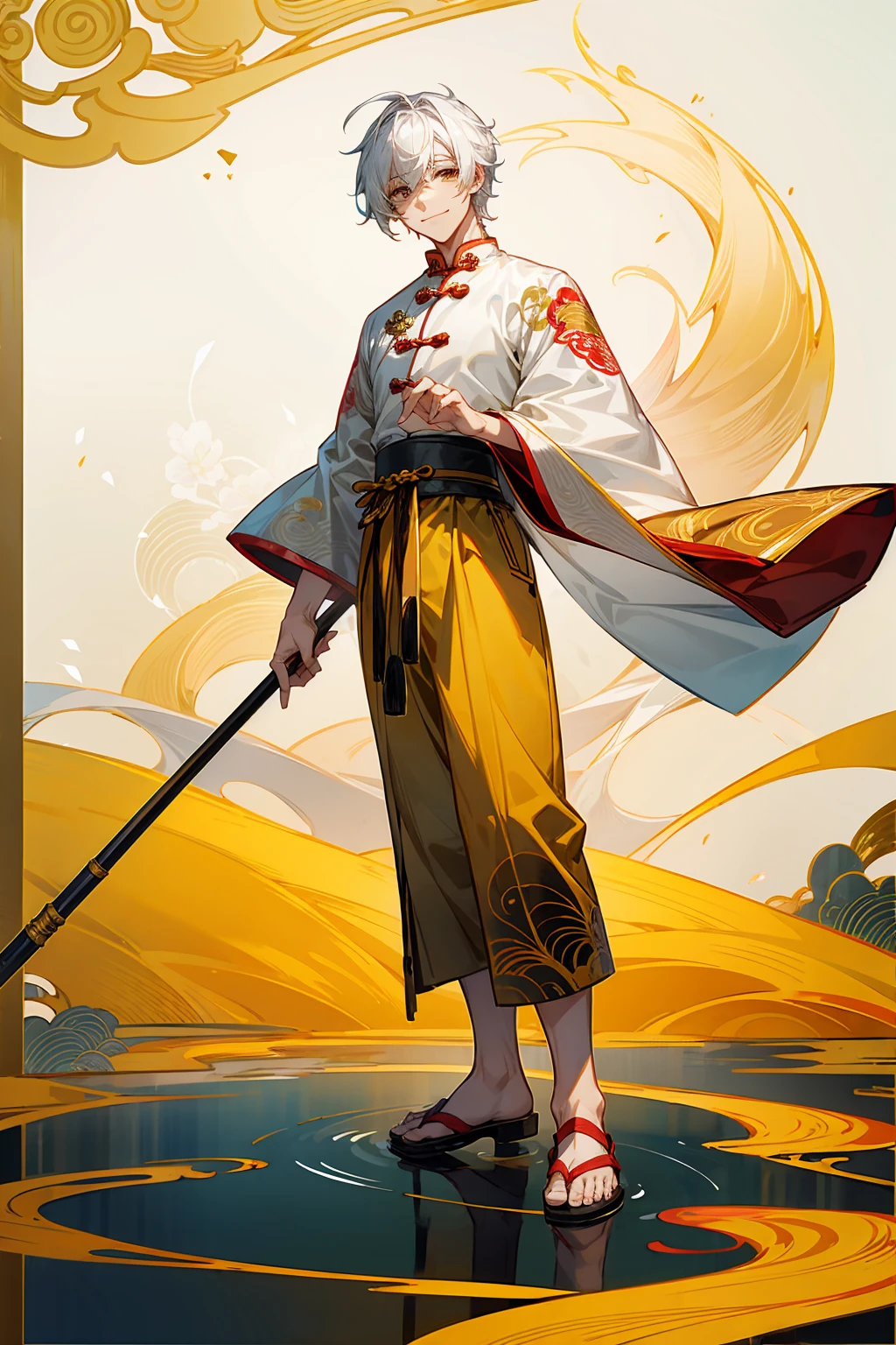 1male, Adult, Golden Colored Eyes, White Hair, Sandals, Smile, Chinese Outfit, Standing On Pond, Staff, Chinese Calligraphy 