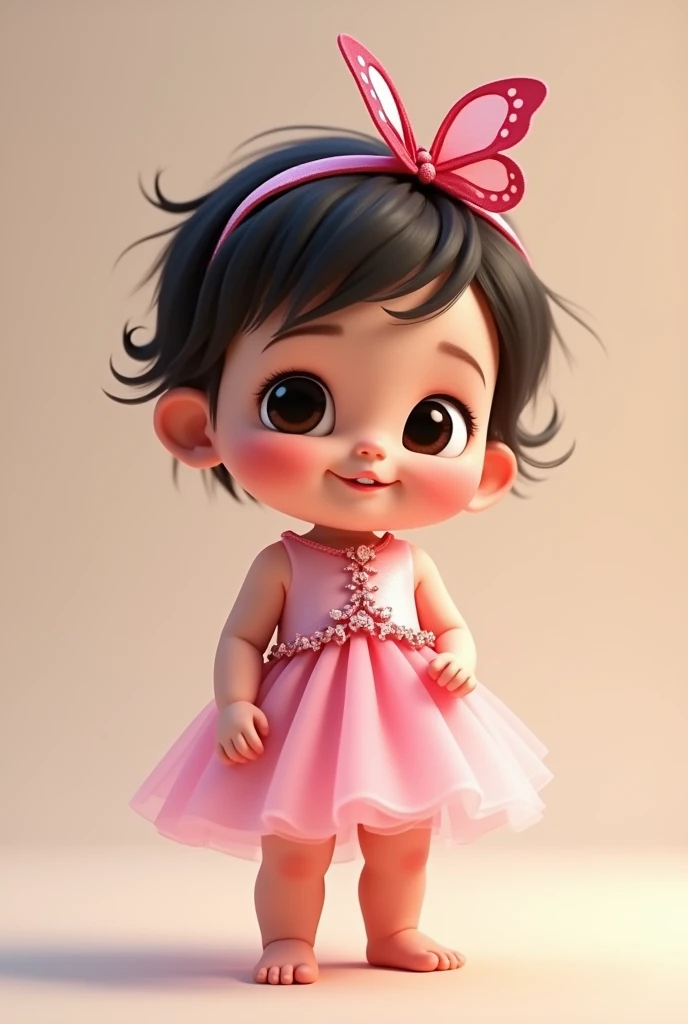 Create one year old baby image, De pele clara, dark shaped eyes, fly away, short dark hair. Wearing a pink princess dress with butterfly details. Full-body image. Pixar-style. standing. chubby. With butterfly ornament on the head