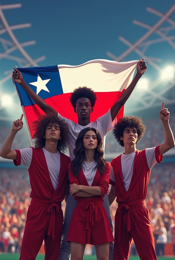 Create a group of 4 people 3 men and 1 woman with an average age of  on a stage with a full stadium two men in the group have to have curly hair the other has to have short black hair one of the men with curly hair must be of a dark skin tone and they must have a Chilean flag and have clothes
