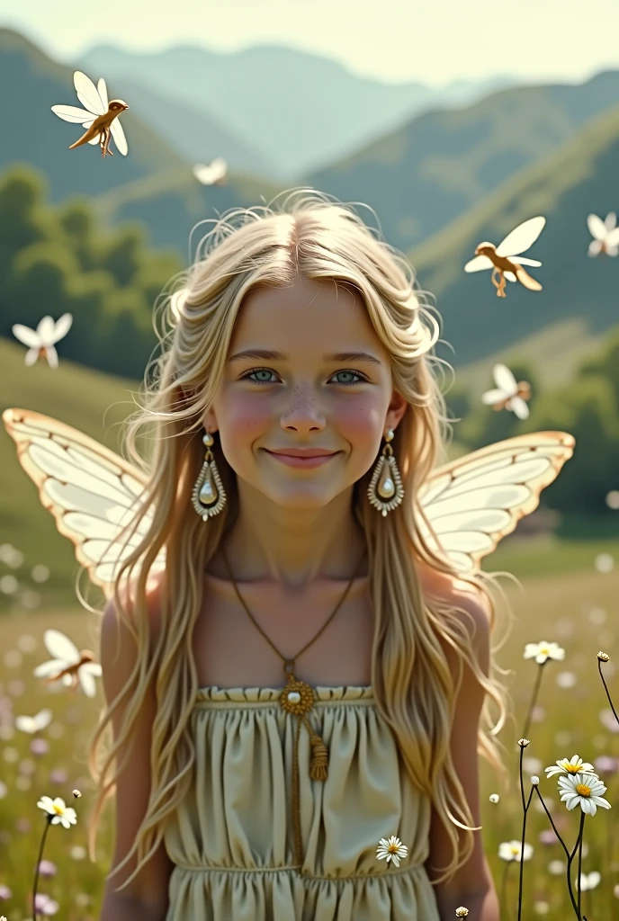 One girl, High resolution, chest, smile, Blonde, Very long hair, Landscape、Earrings, Angel's wing、Fairies all around、Highest quality,