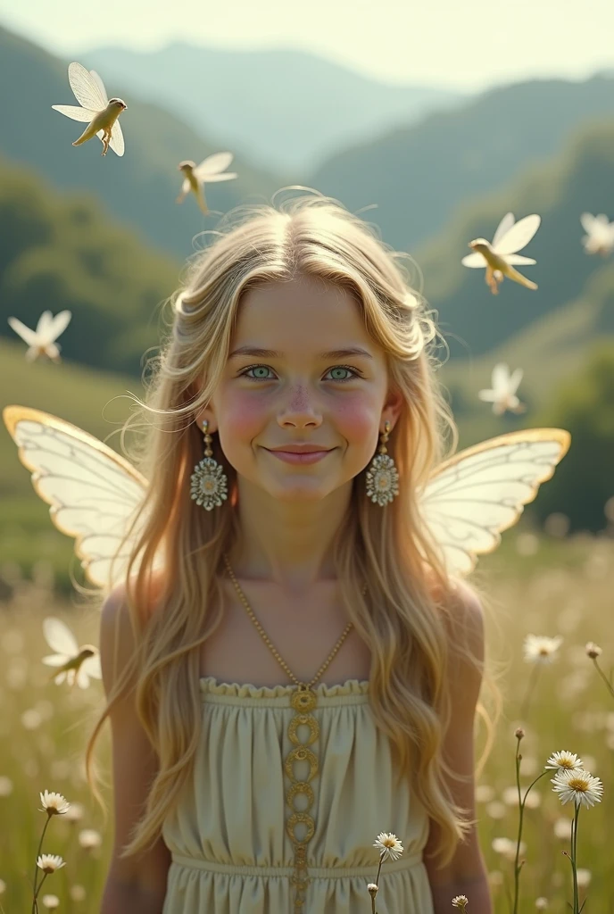 One girl, High resolution, chest, smile, Blonde, Very long hair, Landscape、Earrings, Angel&#39;s wing、Fairies all around、Highest quality, 