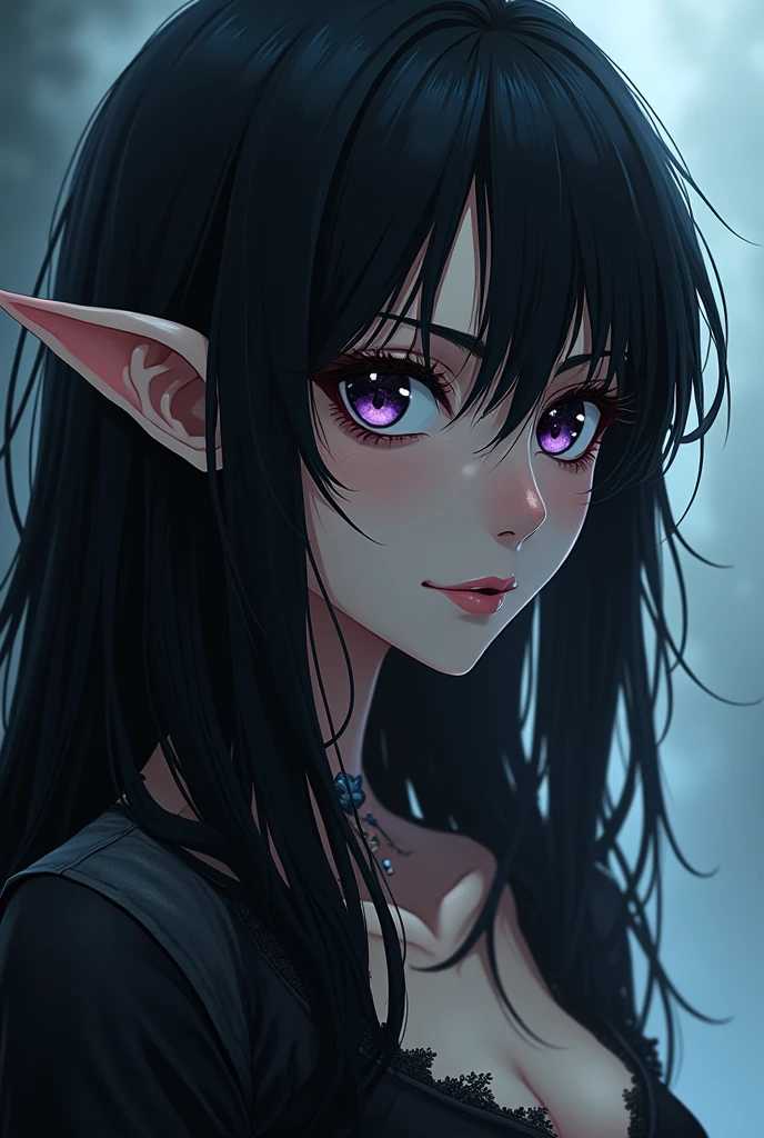 Fantasy Character, mature elf woman, with a frightening expression, with shoulder length black hair and dark purple eyes. fair skin with freckles. scar on left eye. Medieval era anime style.