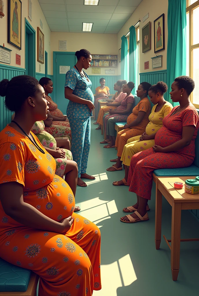 African Igbo maternity hospital with pregnant women sitting, babies crying and mothers in the labor room with nurses