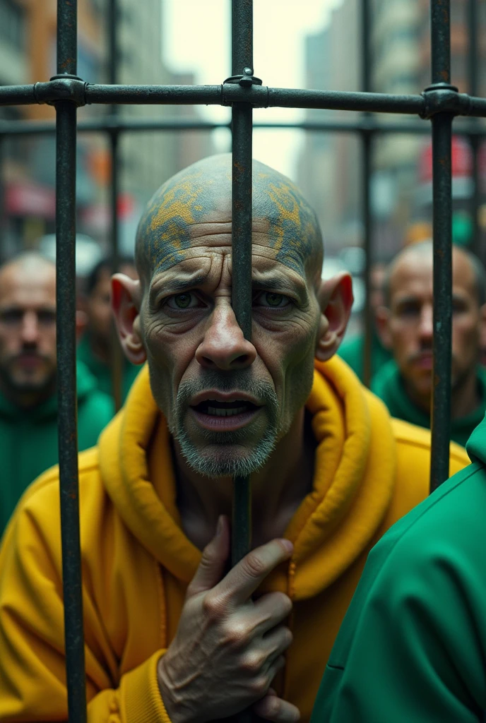 A desperate hairless judge is trapped in a cage amid a crowd wearing green and yellow clothes in the city of São Paulo