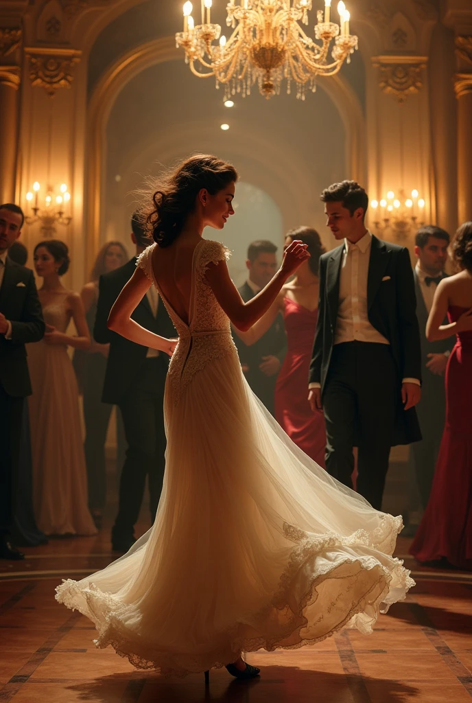 a woman dancing at a ball, while a man stands sadly behind her