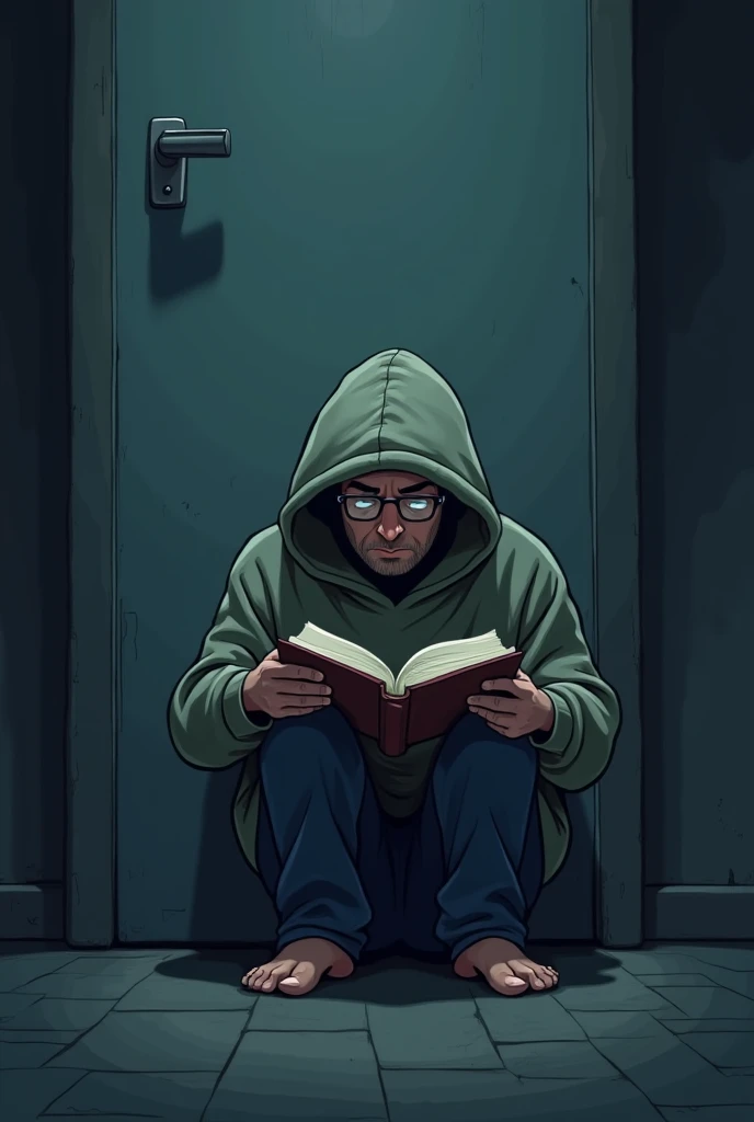 Something related to solitary reading. A cartoon art of an ADULT ADULT man wearing a sweatshirt covering his head reading the book hiding his face . There is little light in the sad environment