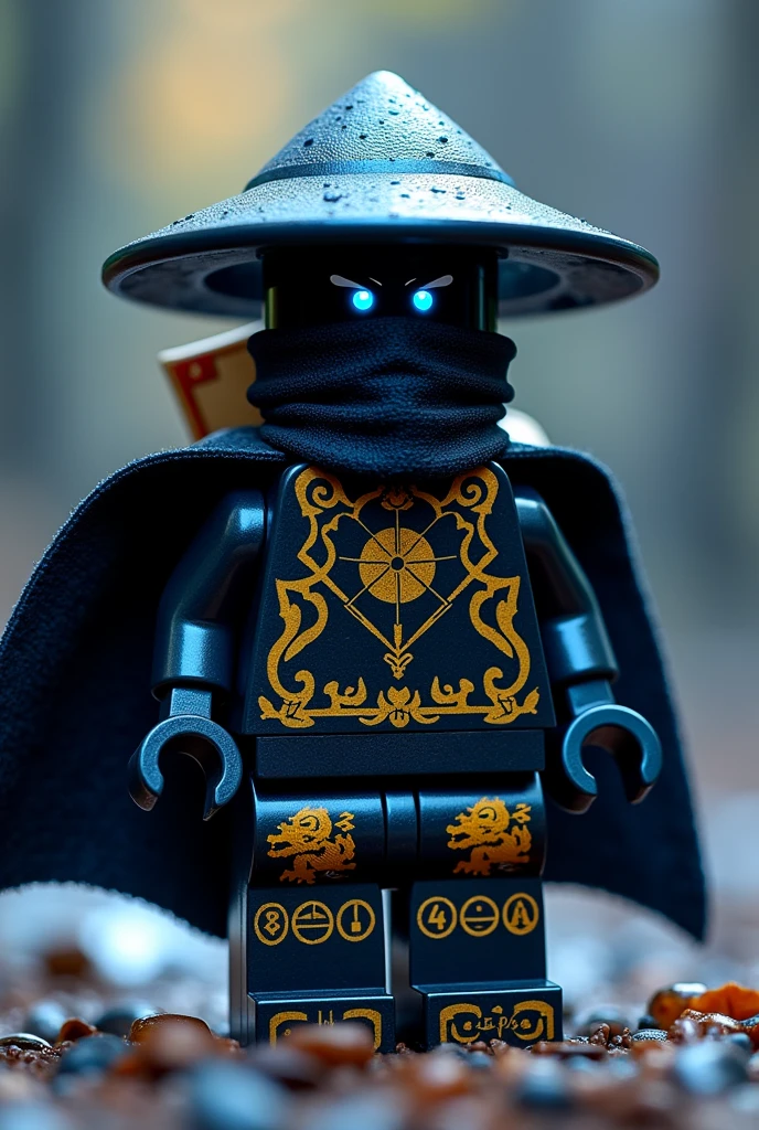 Créer moi un lego ninja go avec pas de muscles et ni de masque le premier maitre du spijisufuturiste de la dernière puissance fusionnaire doit être un overland oni et doit être en lego un ninja avec un chapeau de paille bleu foncé, avec un bandeaux en métal noir cachant la bouche avec une cape noir derrière le dos sombre et avec une peau noir foncé noir sombre et un regard terrible avec des yeux en éclair bleu avec une puissance incroyable avec comme puissance élémentaire l’électrique, l’énergie, la terre, le feu, la glace. Les habits du ninja doit être tout noir avec des traces grise bleu foncé avec des reure en forme de force, d'électricité, de feu en or et des écritures japonaises et le parchemin antique du spinjisu interdit sacré le plus puissant en golden avec des symboles de lions en rouge sur le torse. Un ninja imbattable monstrueux beaucoup trop puissant qui contrôle tous les pouvoirs élémentaires. Le ninja doit être destructeur et soif de victoire un gentil et méchant avec le parchemin du spinjisu interdit sur le dos