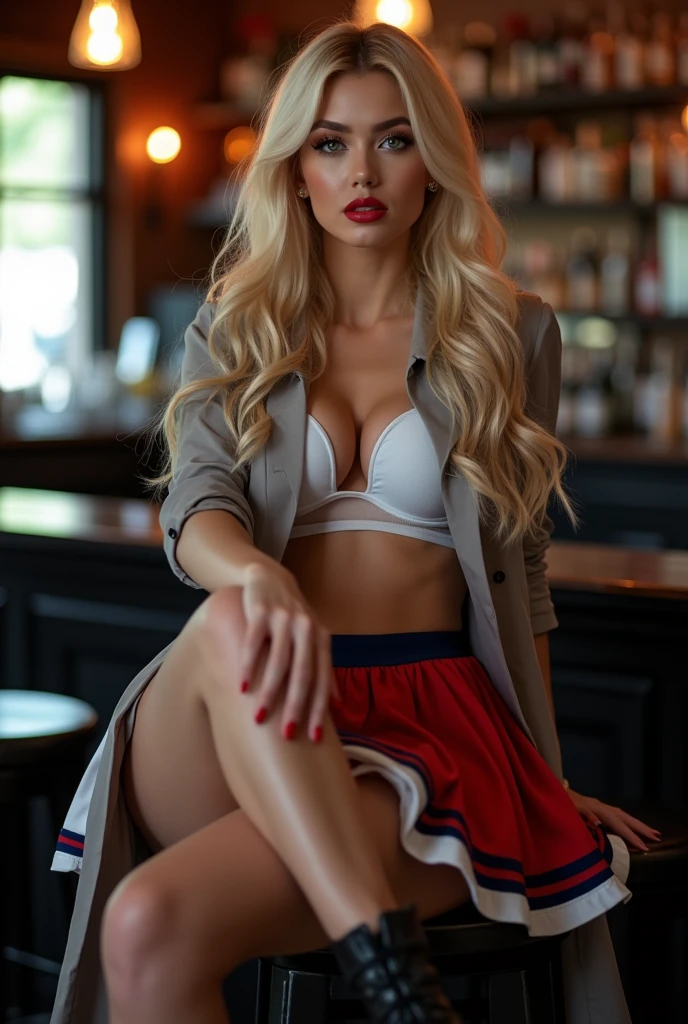 Raissa 18 years beautiful blond woman , long button shirt, half of the buttons are open, push up bra visable under her top, white cotton stockings, checked red and white and blue pleated schooluniform skirt, white cotton thong under het skirt, black highheeld boots, mat red lips, back view, small mouth closed, big , light green eyes, realistic photo, glamour photo, big glases, sitting on a barstool, wide legs, open legs, (huge muscles)