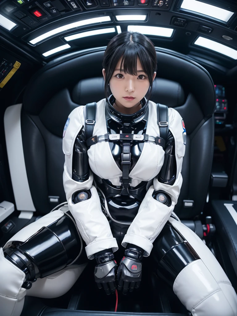 Japanese female android,Black Hair,Factory Cockpit,Secured to the seat with a thick harness,Plump,Slightly thicker,Spread your legs,Squat,Shiny white robot suit,Robotic arms and legs,Cables coming out of his chest,Surrounded by switches and monitors,