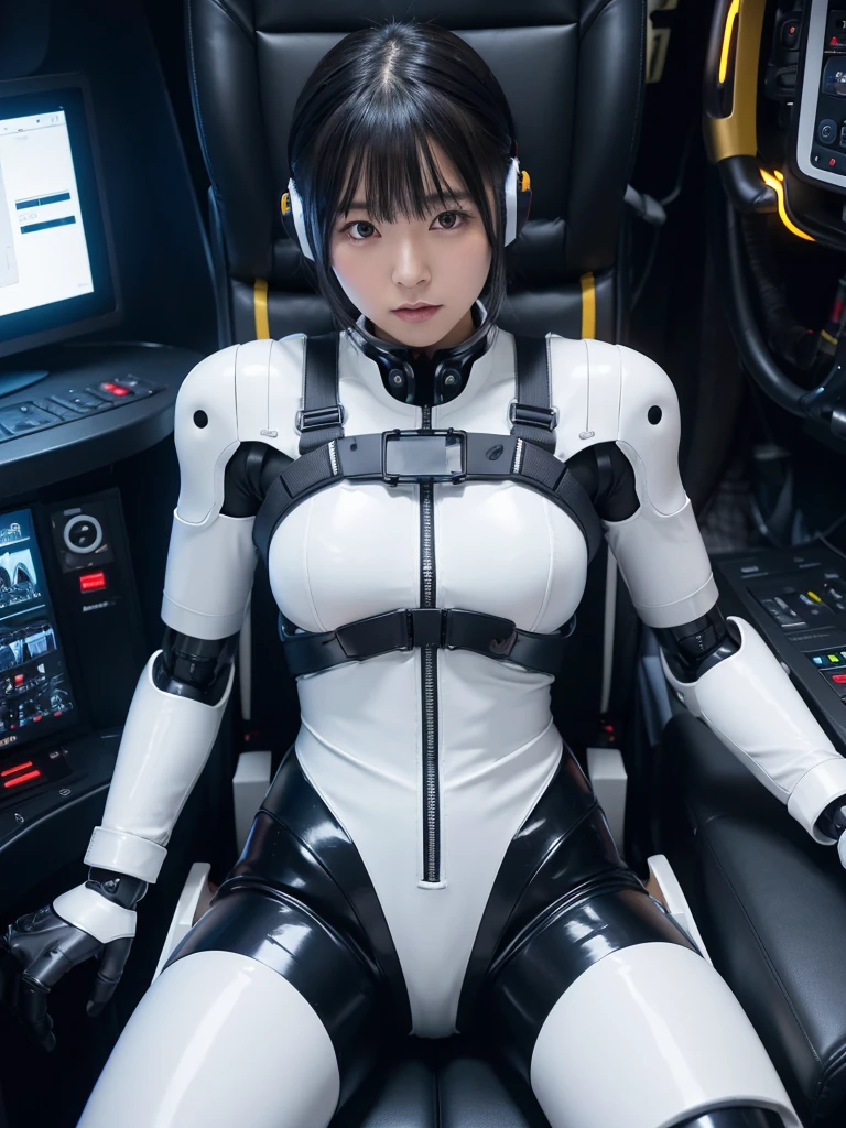 Japanese female android,Black Hair,Factory Cockpit,Secured to the seat with a thick harness,Plump,Slightly thicker,Spread your legs,Squat,Shiny white robot suit,Robotic arms and legs,Cables coming out of his chest,Surrounded by switches and monitors,